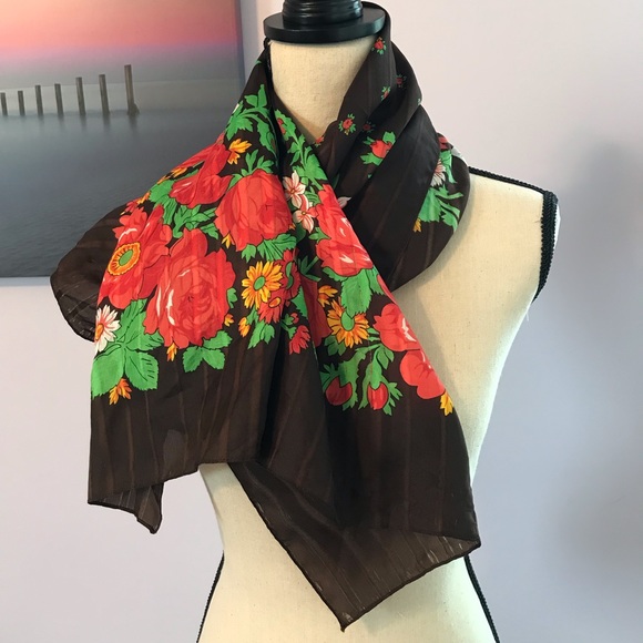 Valentini Italian Scarf Brown and Red Floral Print - Picture 3 of 8